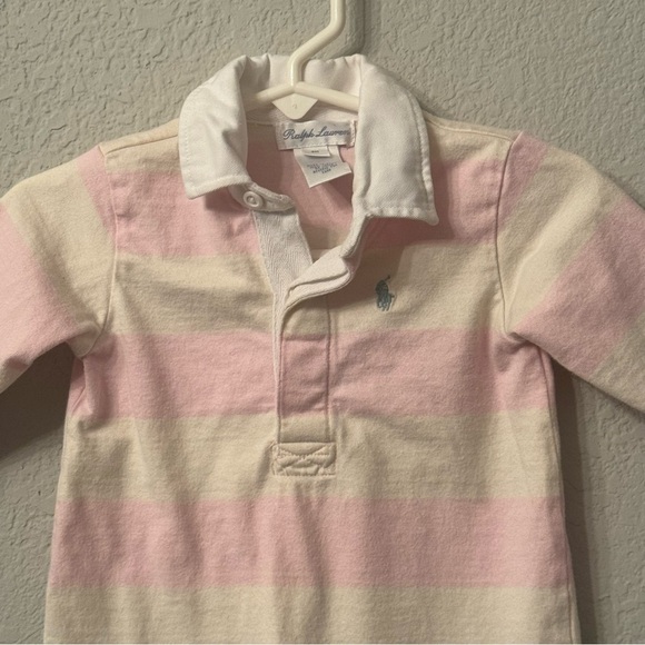 Kid's Ralph Lauren Light Pink Rugby Striped Collared Onesie - Picture 3 of 7